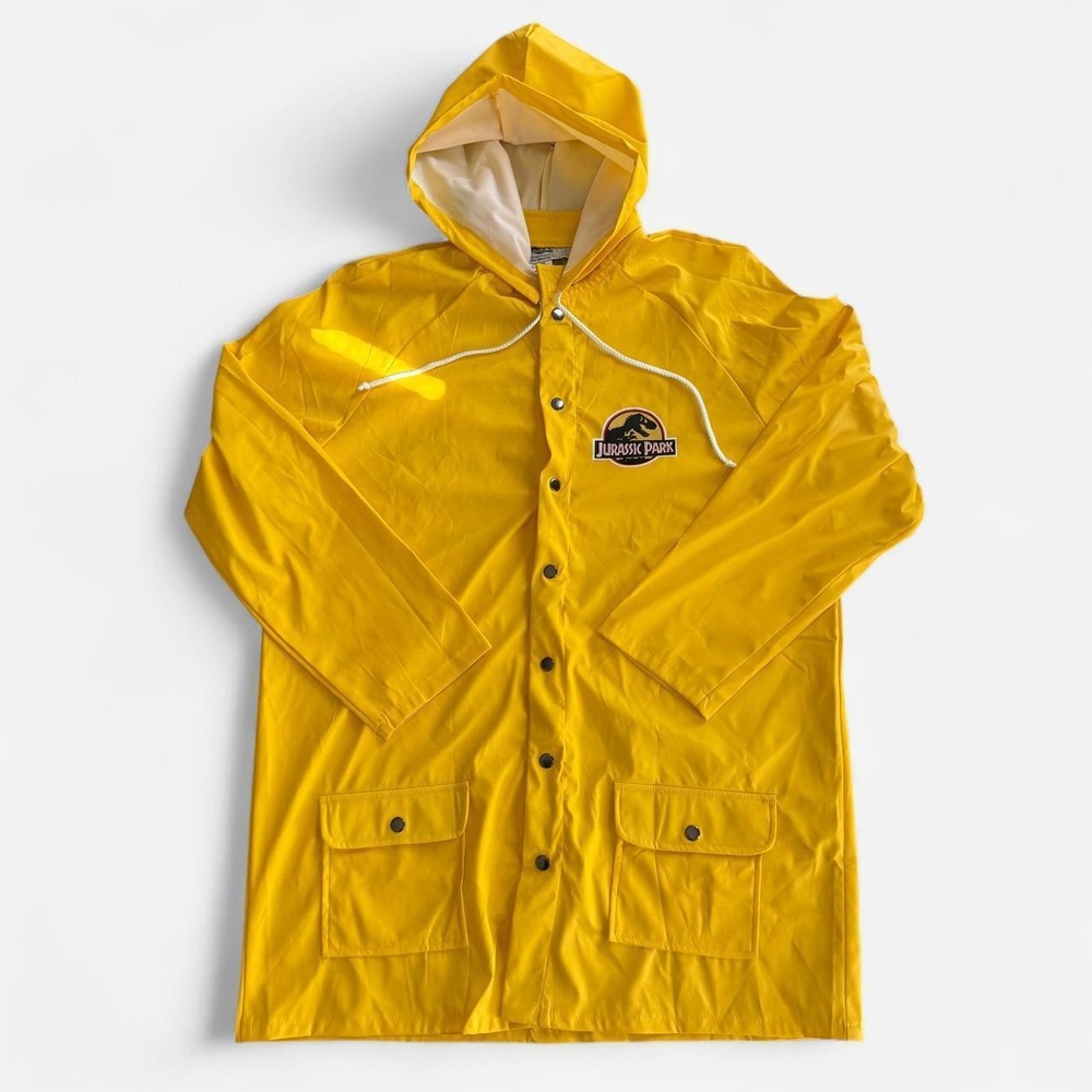 Jurassic Park yellow hooded rain jacket with logo patches, Universal, size XL